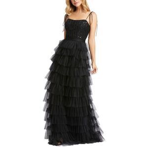 Mac Duggal Womens  Sequined Bustier Tiered Ruffle Gown, Black